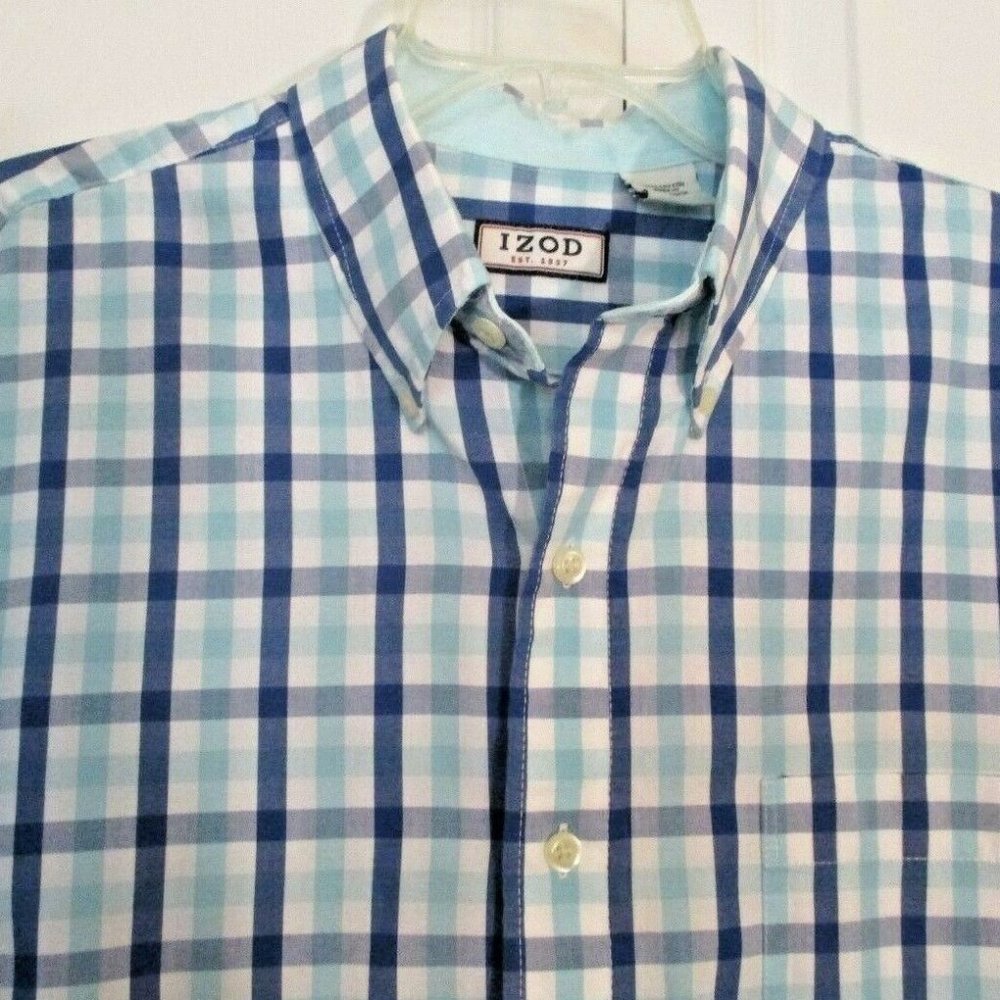 Izod Mens Long Sleeve Oxford sz L Blue Plaid Button Down